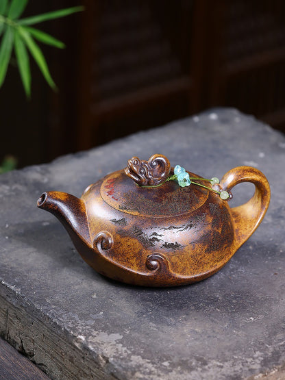 Three-quarter view of the wood-fired Yixing zisha teapot showing the carved lid, low body, spout, and handle
