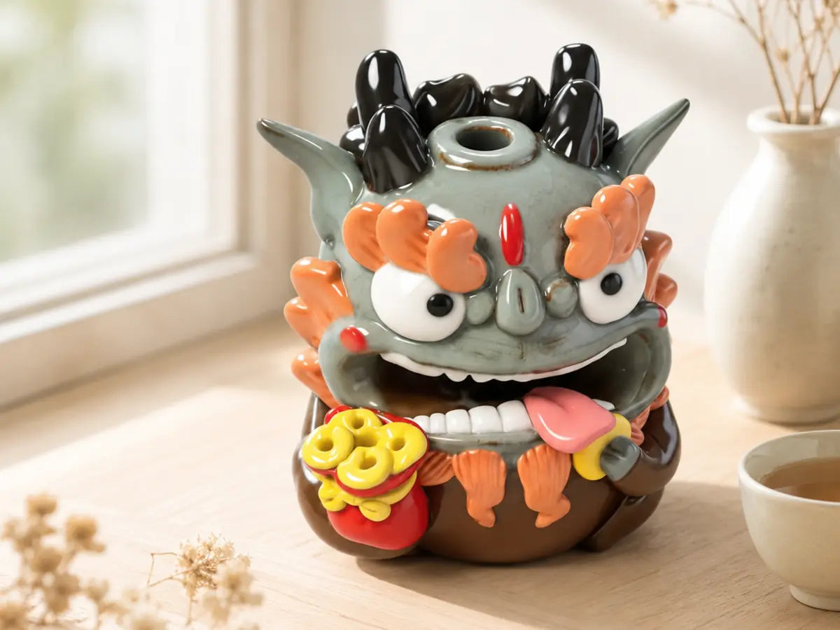 Fortune ceramic Pixiu incense holder displayed on a sunlit wooden table