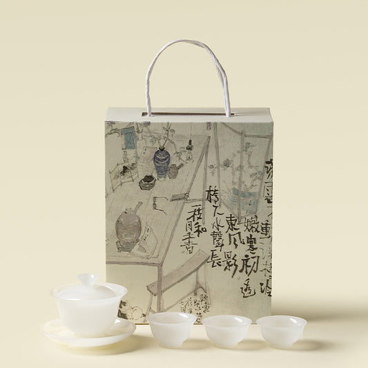 Complete translucent ceramic gaiwan set with three cups and an illustrated gift box

