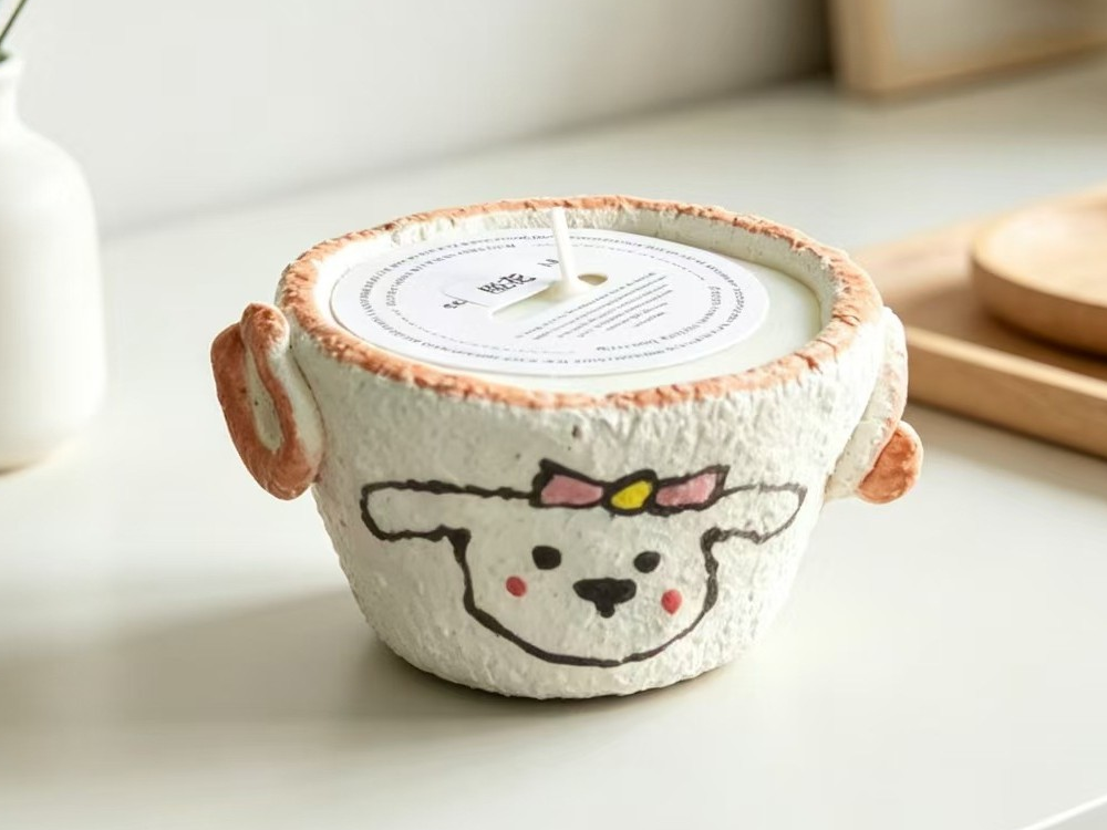 Hand-painted Little Sheep ceramic scented candle with bow detail and two side handles
