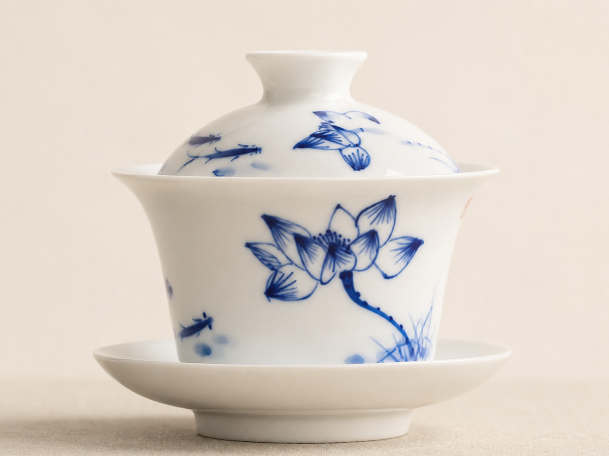 Side profile of an upright Ma Ti blue and white porcelain gaiwan