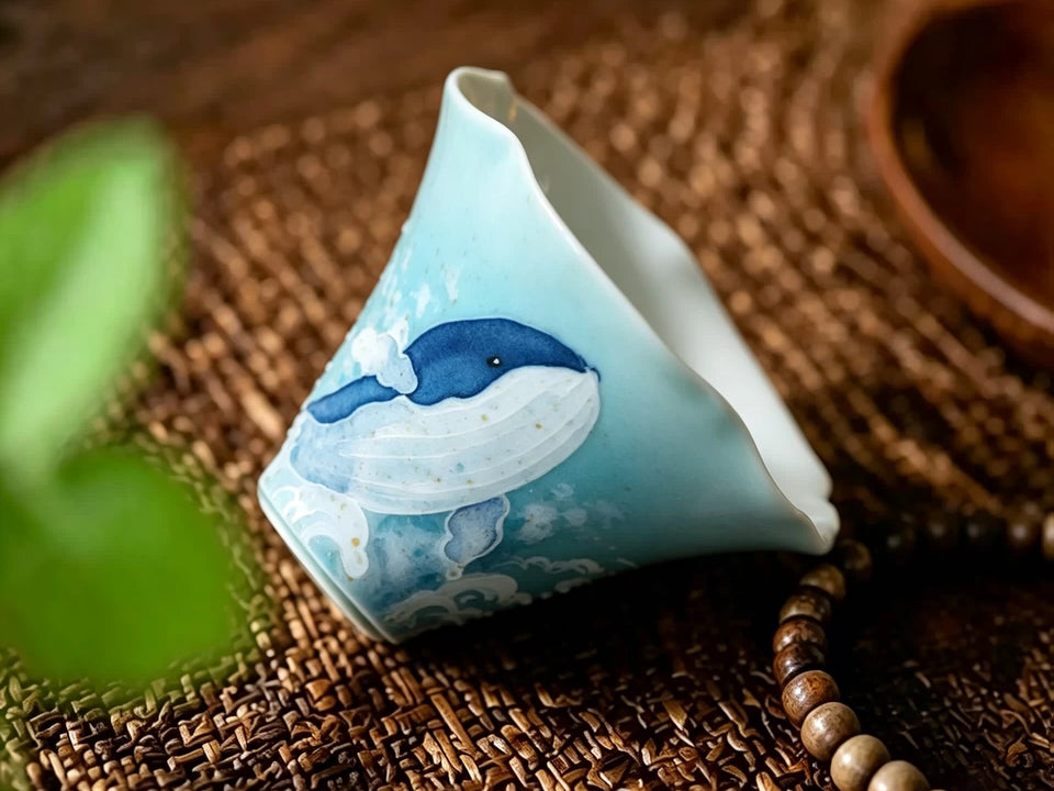 Angled view of the raised whale and wave details on the flower-rim tea cup