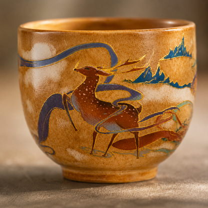 Reverse view of the ceramic tea cup with a hand-painted sacred deer and mountain forms