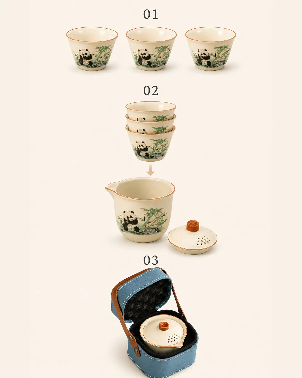 Short-trip panda travel tea set arranged inside its light blue square carrying case