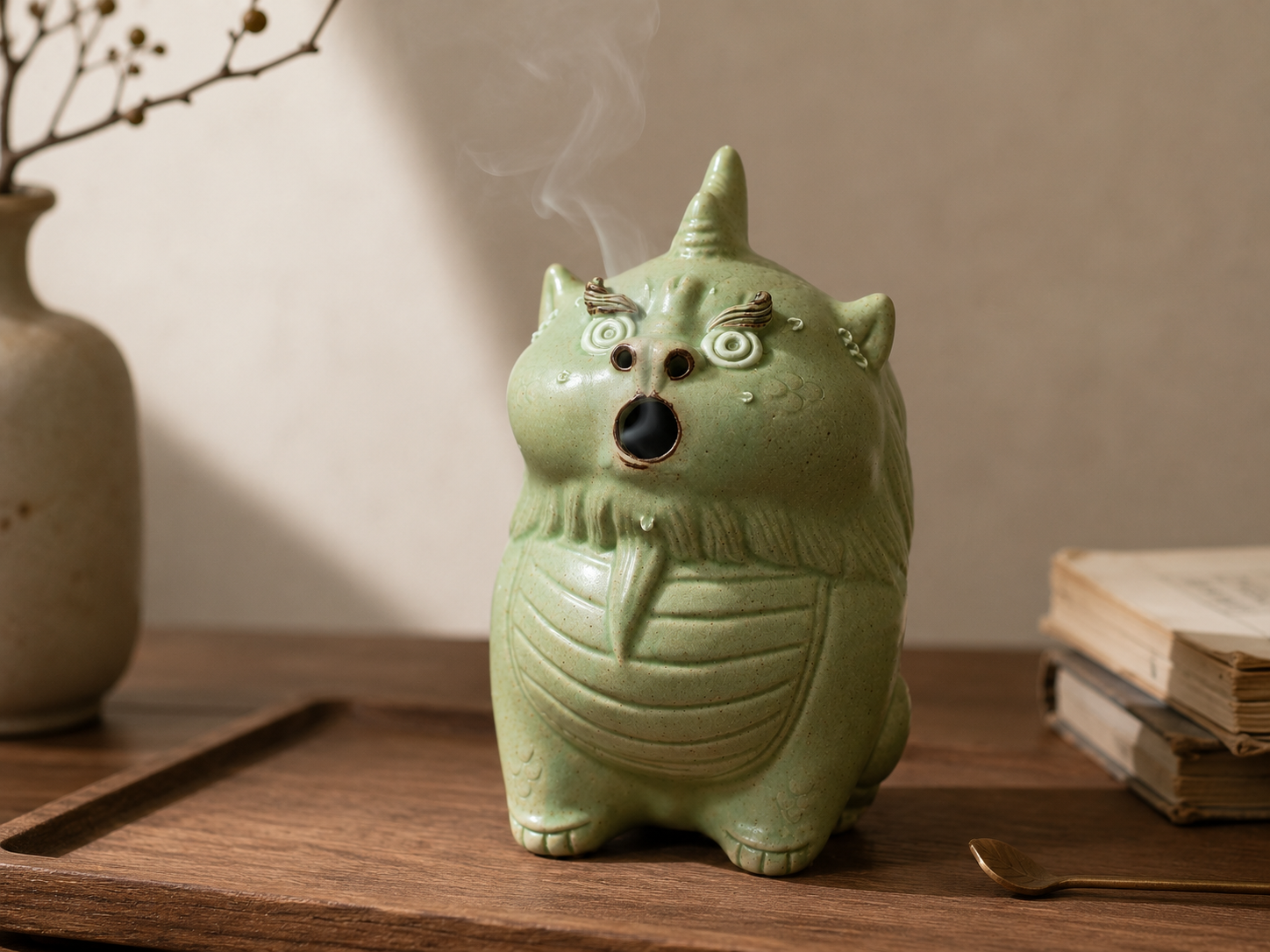 Suanni ceramic incense burner displayed in a calm interior with light incense smoke