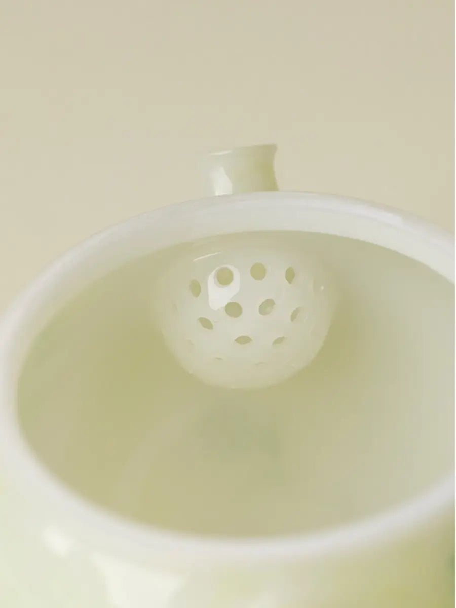 Close-up of the honeycomb-style ceramic filter holes inside the daisy teapot