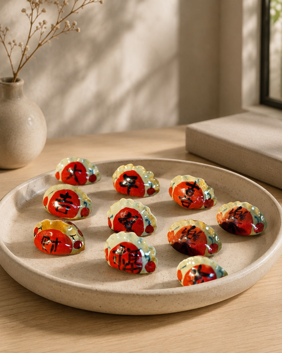 Hand-Painted Good Fortune Ceramic Pebble Set - lifestyle