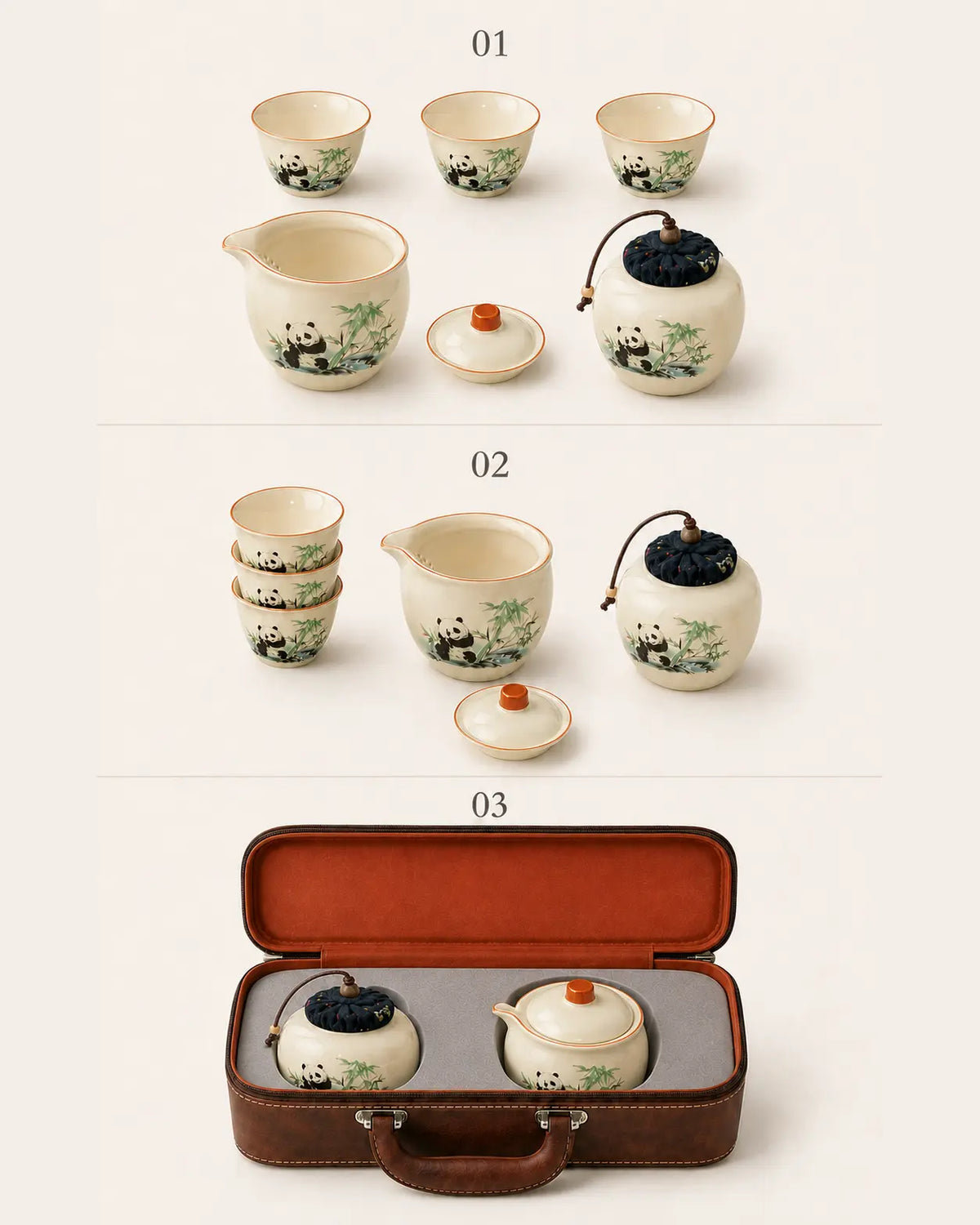 Long-trip panda travel tea set packed with a tea caddy inside the brown carrying case