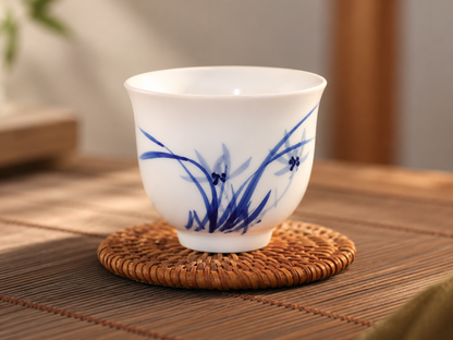 Hand-painted Orchid motif on a blue-and-white porcelain tasting cup resting on a woven coaster