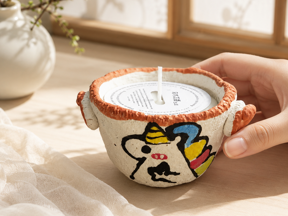 Hand holding the Unicorn ceramic candle beside a sunlit window
