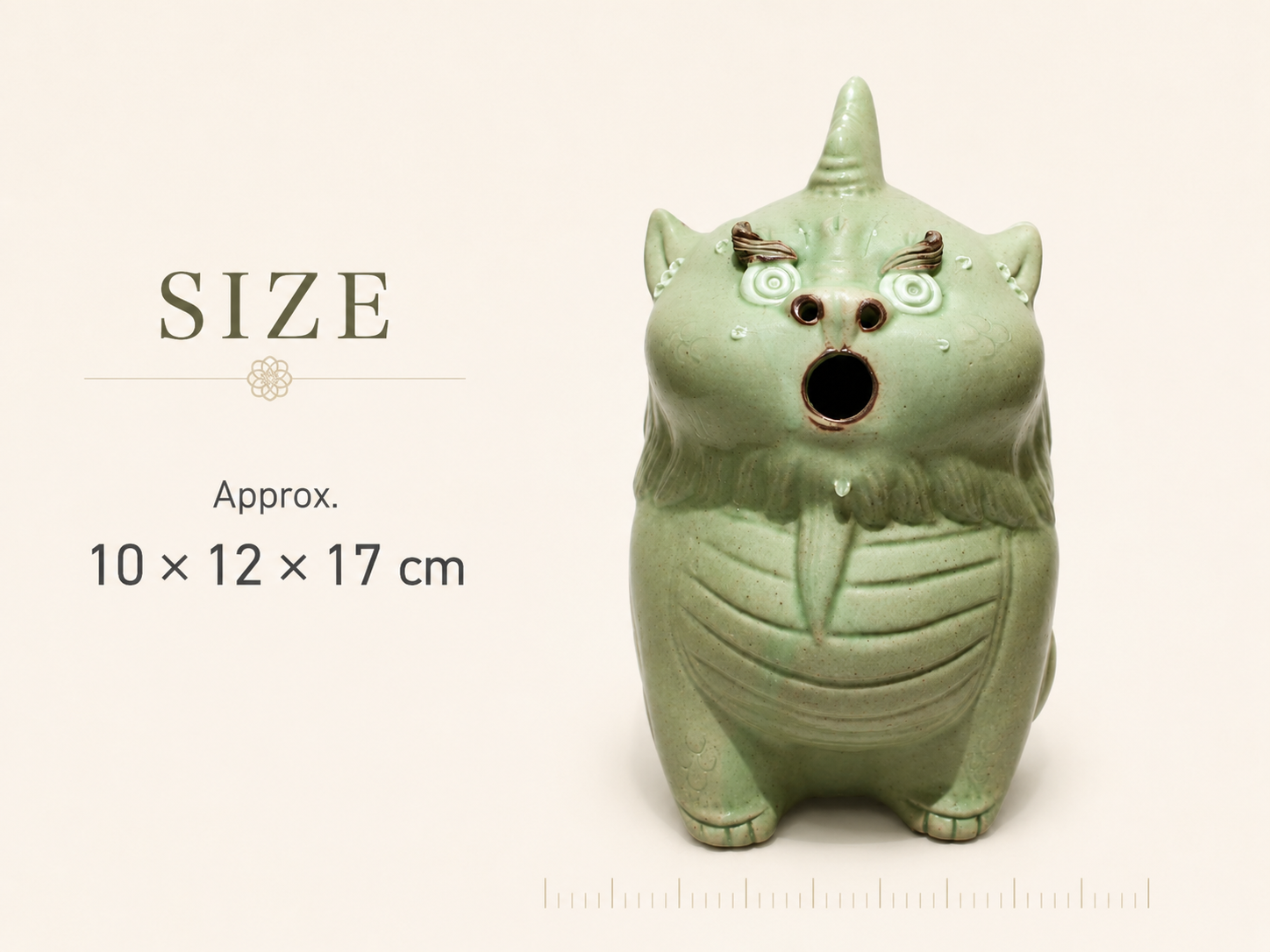 Size reference for the handmade ceramic Suanni incense burner, approximately 10 by 12 by 17 centimeters