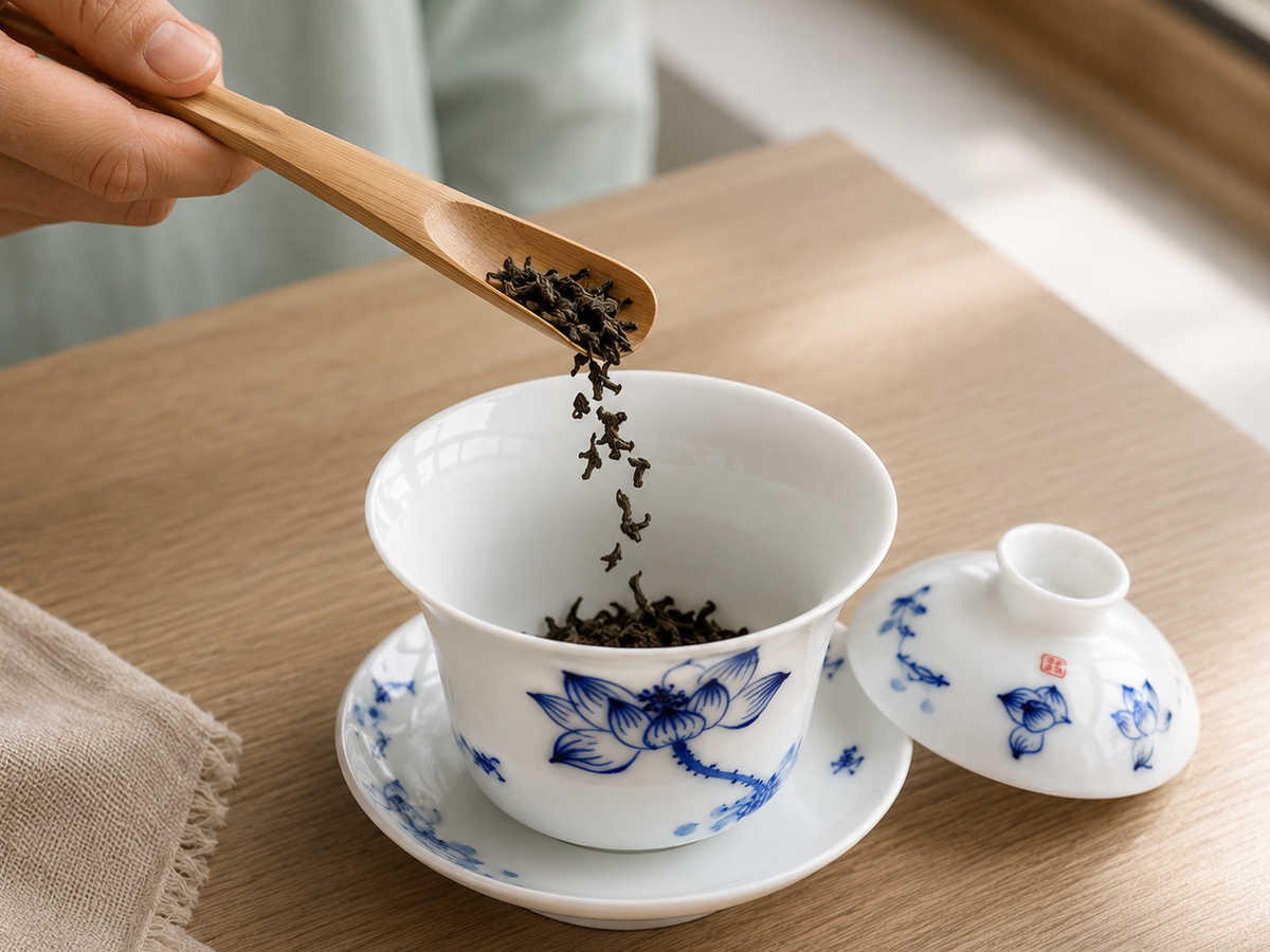 Loose tea leaves being added to the open blue and white lotus gaiwan