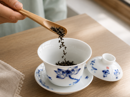 Loose tea leaves being added to the open blue and white lotus gaiwan
