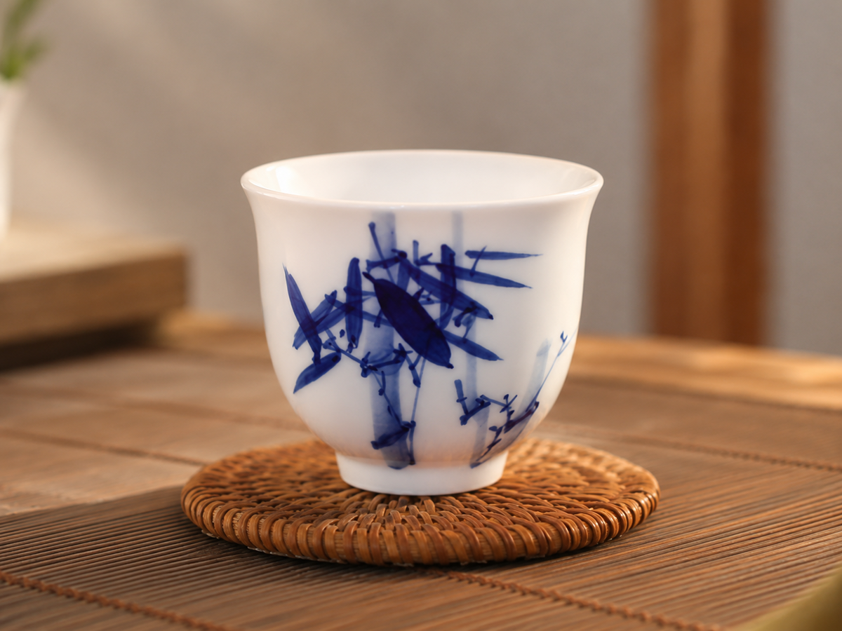 Hand-painted Bamboo motif on a blue-and-white porcelain tasting cup resting on a woven coaster