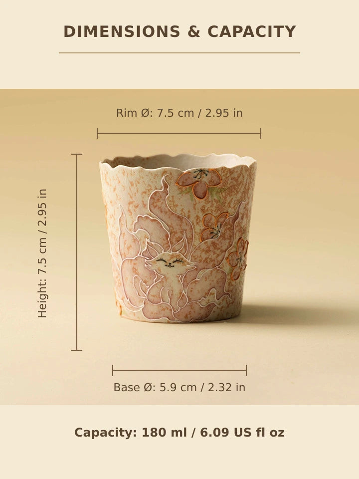 Ceramic coffee cup dimension diagram showing rim diameter, height, base diameter, and 180 ml capacity
