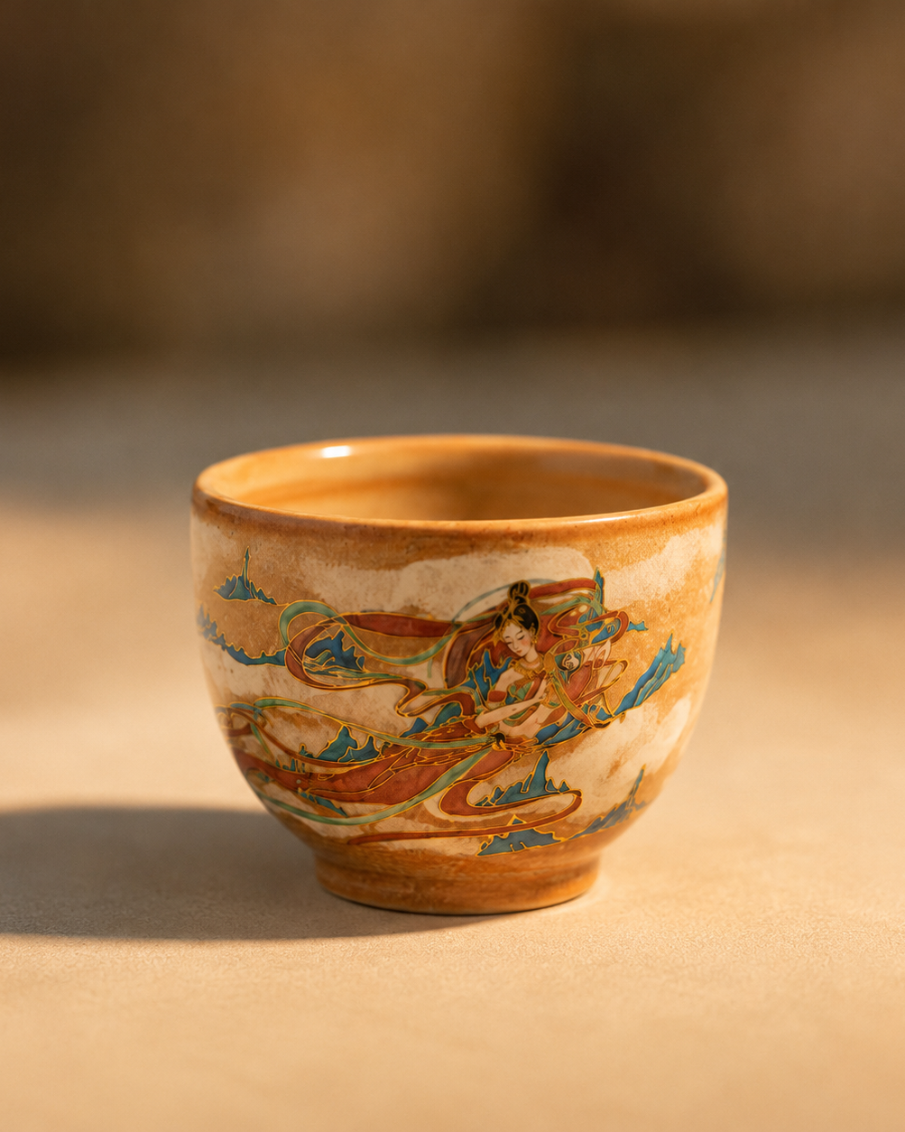 Dunhuang-inspired ceramic tea cup with gold-toned details catching natural sunlight