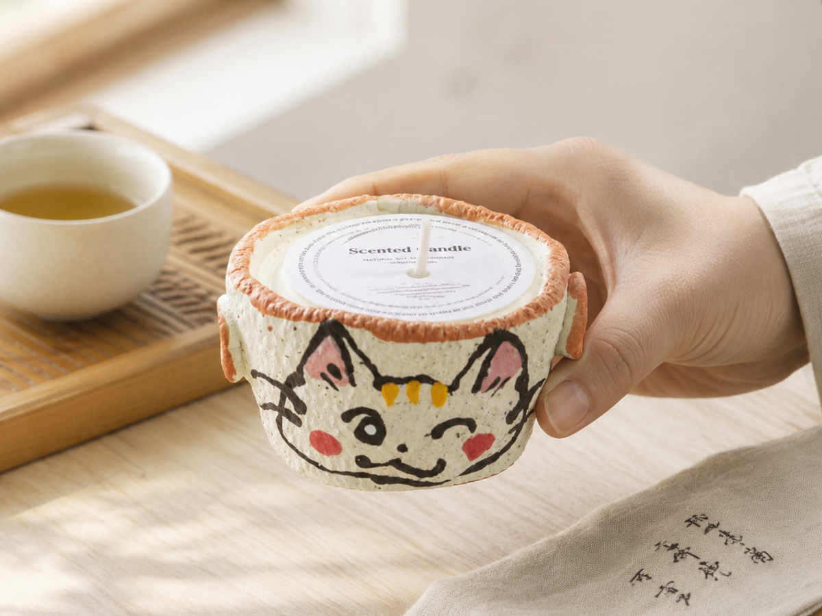 Hand holding the Kitty ceramic candle beside a tea tray in soft natural light