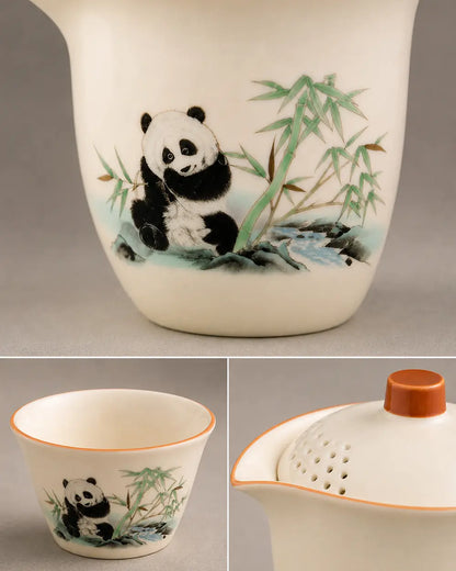 Close-up of panda and bamboo motifs on the Ru-style crackle-glazed teapot and cups