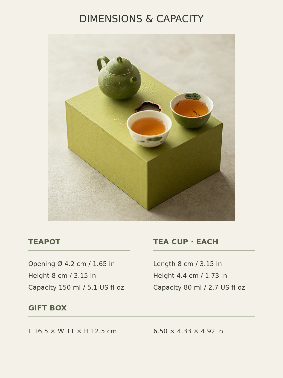 Dimension chart for the 150 ml green ceramic teapot, two 80 ml teacups, and gift box