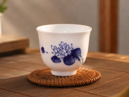 Hand-painted Chrysanthemum motif on a blue-and-white porcelain tasting cup resting on a woven coaster