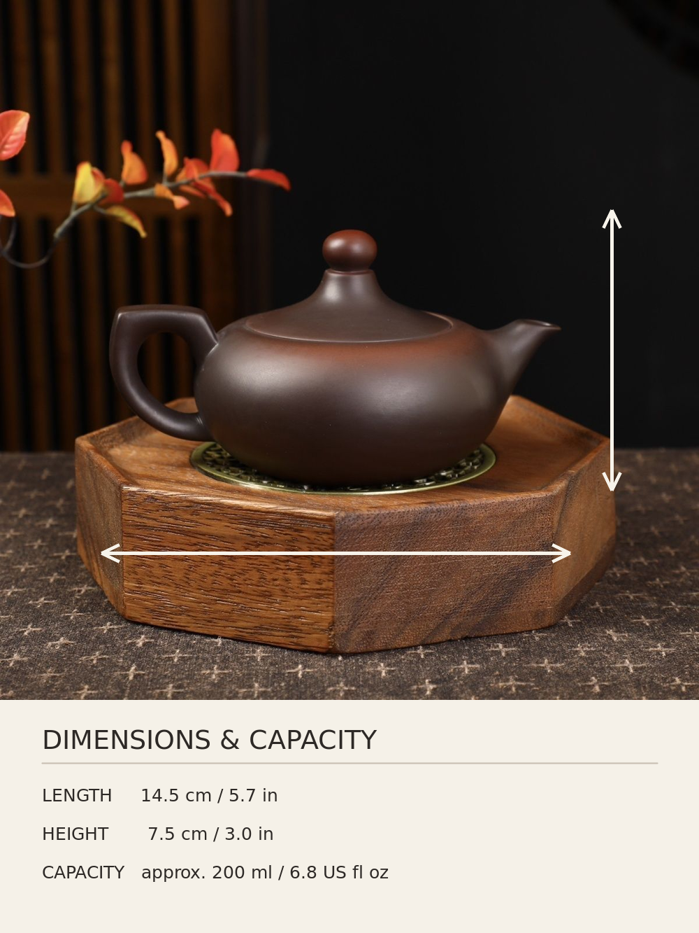 Dimensions of the Fengming Zisha teapot showing length, height, and capacity