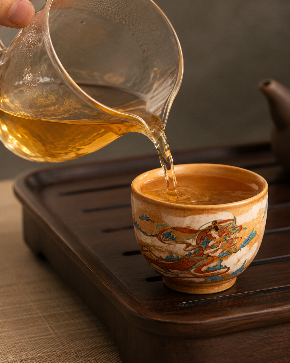 Amber tea being poured into the 50 ml Dunhuang-inspired gongfu tea cup