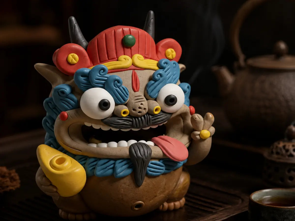 Joy ceramic Pixiu incense holder displayed beside teaware in a dark tea room setting