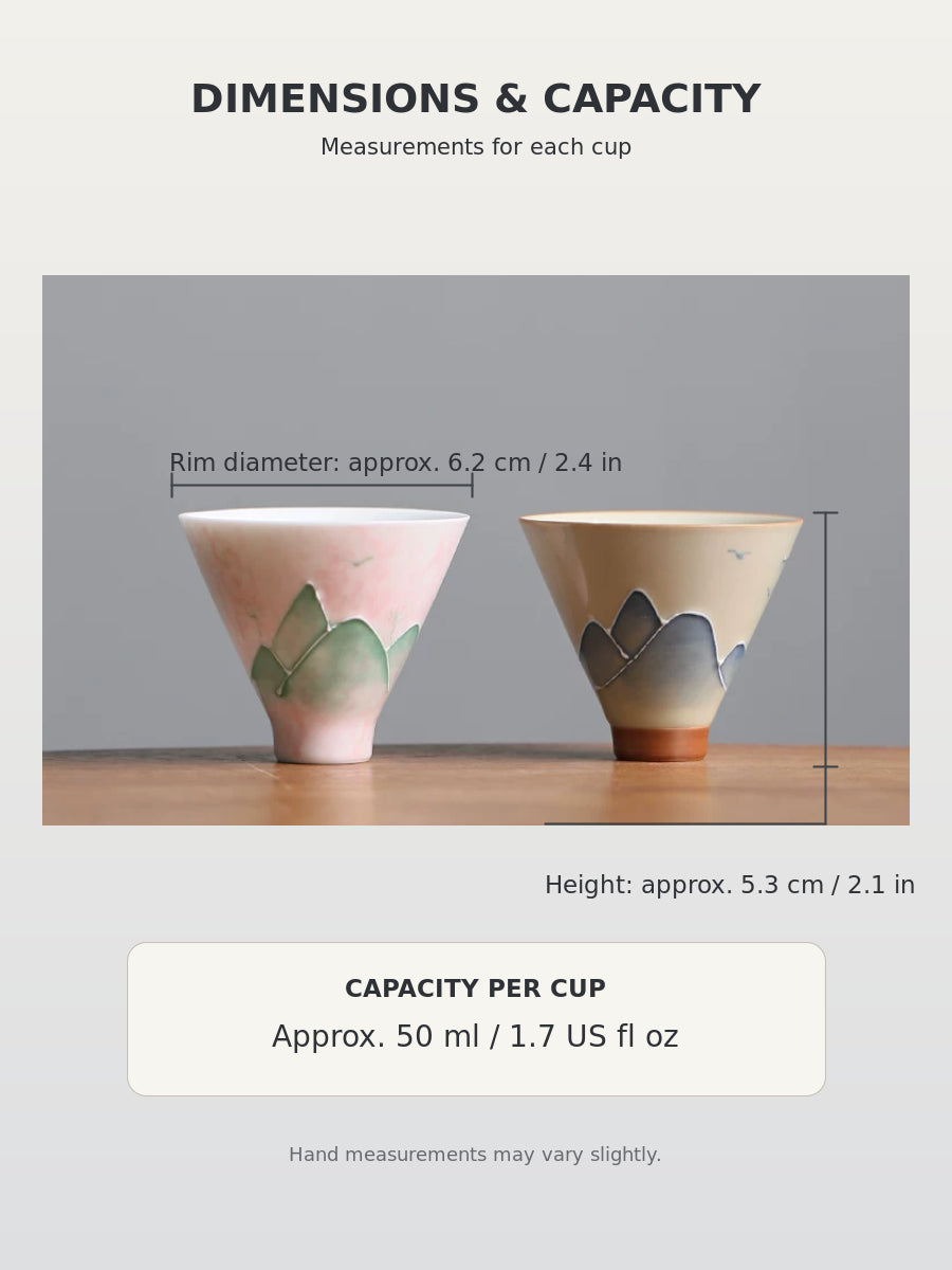 Dimensions and capacity of each landscape teacup: 6.2 cm rim, 5.3 cm high and 50 ml