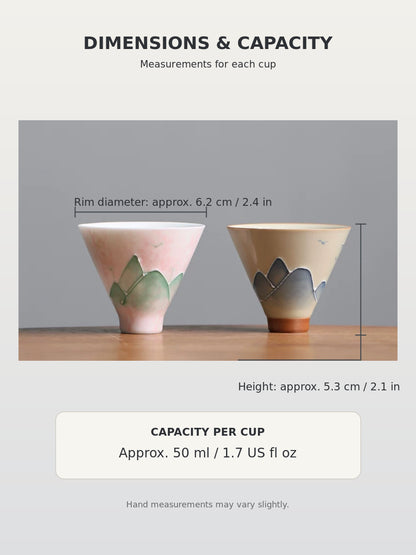 Dimensions and capacity of each landscape teacup: 6.2 cm rim, 5.3 cm high and 50 ml
