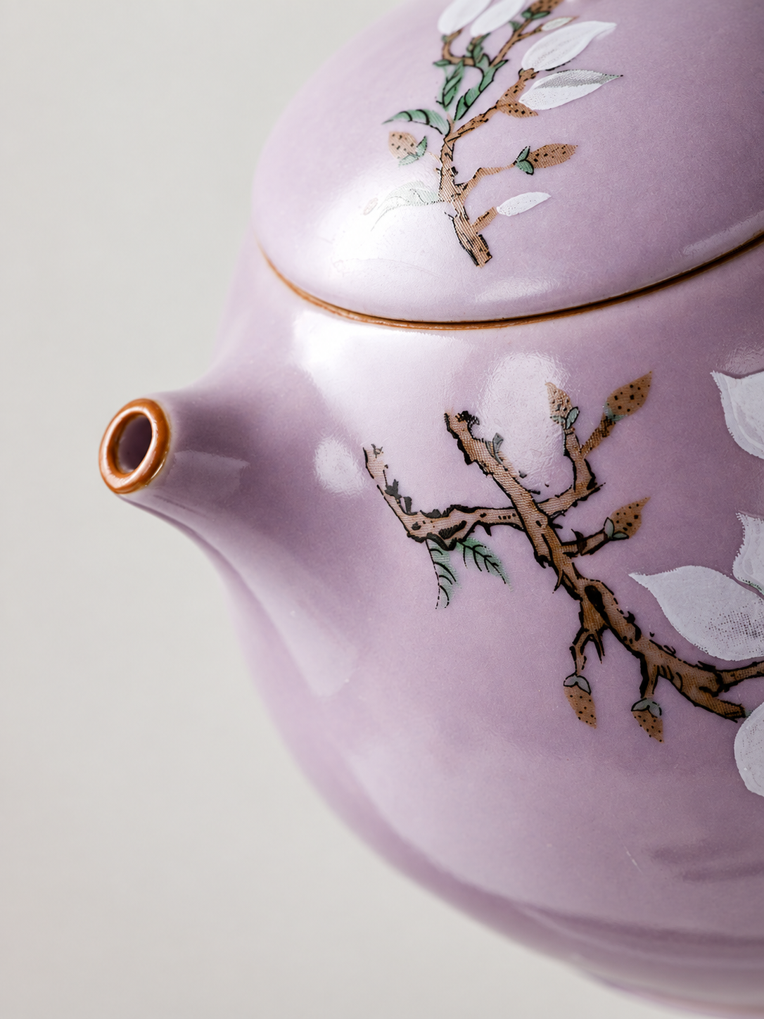 Close-up of the short rounded spout and magnolia motif on the purple teapot

