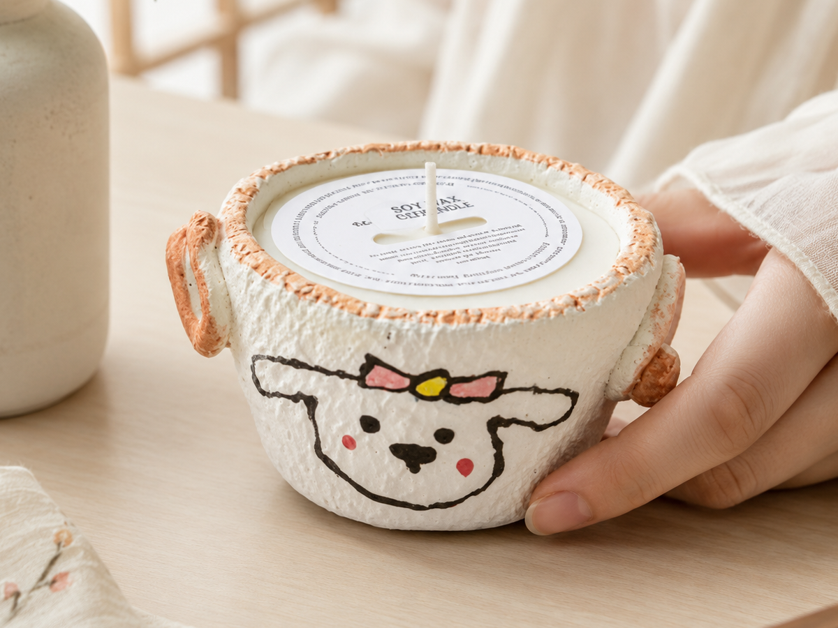 Little Sheep ceramic candle displayed on a warm tabletop beside a ceramic vase