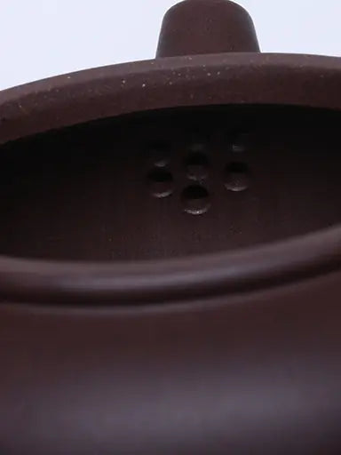 Close-up of the plum-blossom-shaped seven-hole filter inside the Yixing teapot