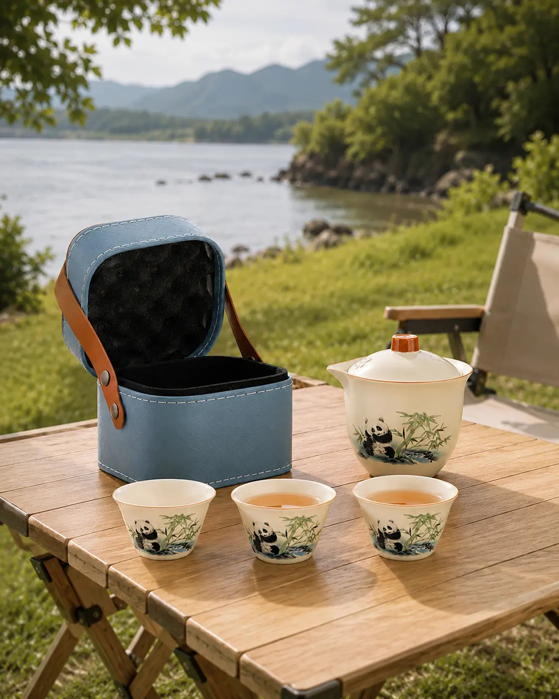Short-trip panda travel tea set used for outdoor tea beside a lake