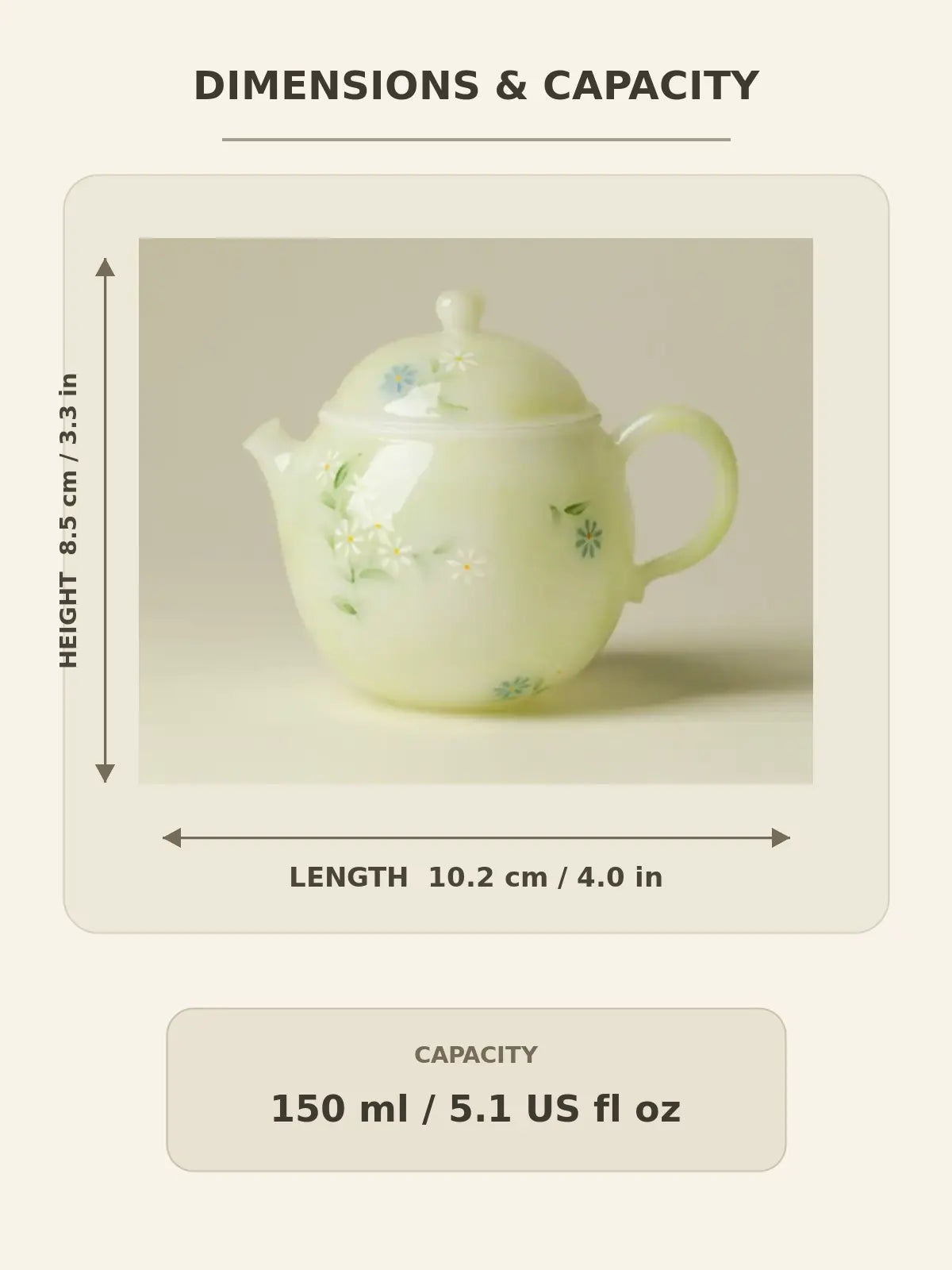 Dimensions diagram showing 10.2 cm length, 8.5 cm height, and 150 ml capacity for the daisy ceramic teapot