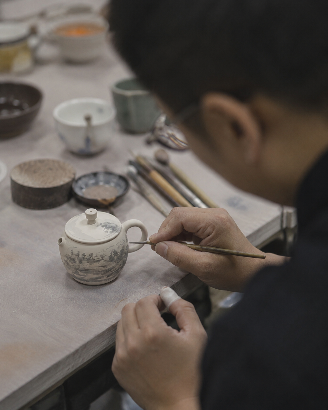 Hand-drawn studio illustration showing the ceramic making process