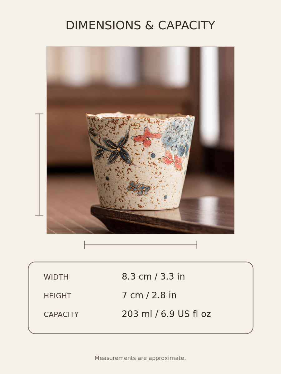 Dimension chart for the hydrangea flower-rim ceramic cup showing 8.3 cm width, 7 cm height, and 203 ml capacity