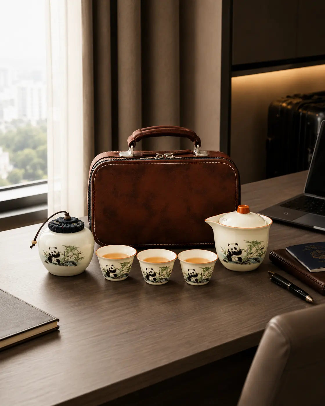 Long-trip panda travel tea set with brown carrying case beside a laptop for business travel