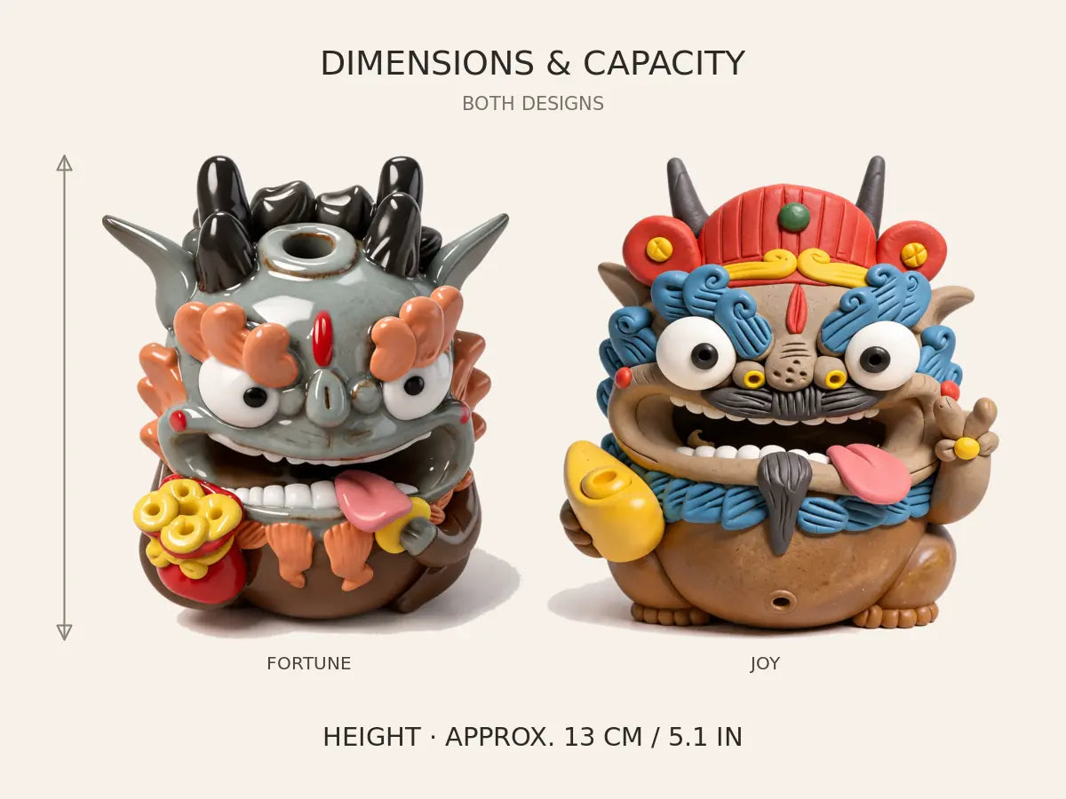 Dimensions of the Fortune and Joy ceramic Pixiu incense holders showing an approximate height of 13 cm