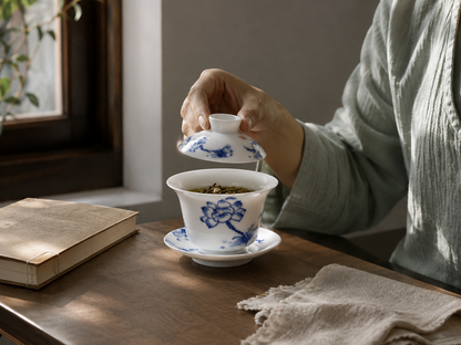 Person lifting the lid of a blue and white gaiwan during a quiet gongfu tea session
