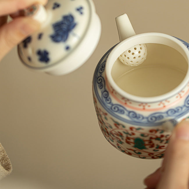 Close-up of the built-in perforated filter inside the ceramic teapot