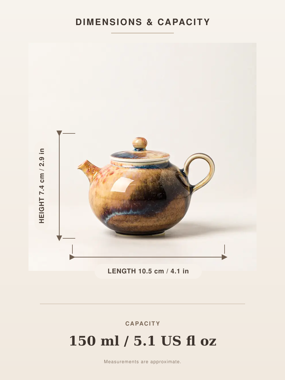 Dimensions diagram for the wood-fired ash glaze teapot showing 10.5 cm length, 7.4 cm height, and 150 ml capacity