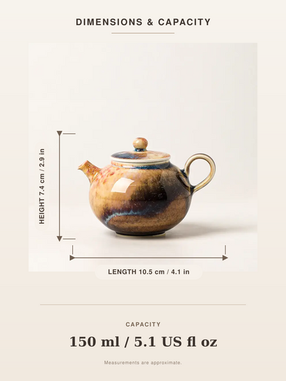 Dimensions diagram for the wood-fired ash glaze teapot showing 10.5 cm length, 7.4 cm height, and 150 ml capacity