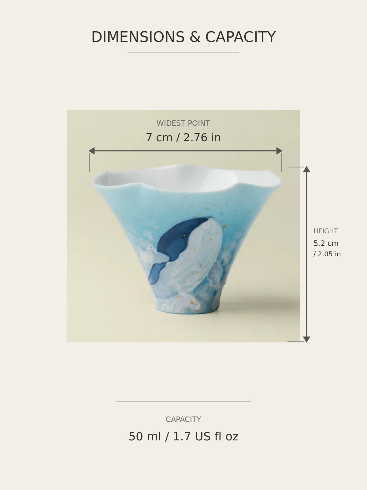 Dimensions of the blue whale ceramic tea cup showing 7 cm width, 5.2 cm height and 50 ml capacity