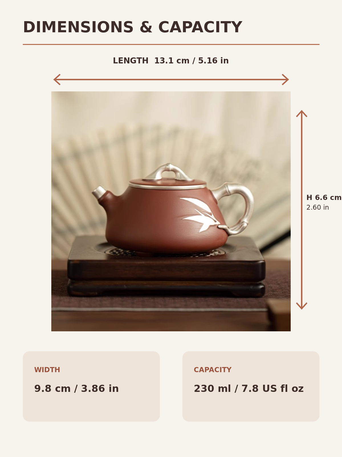 Yixing zisha teapot dimensions showing 13.1 cm length, 9.8 cm width, 6.6 cm height, and 230 ml capacity