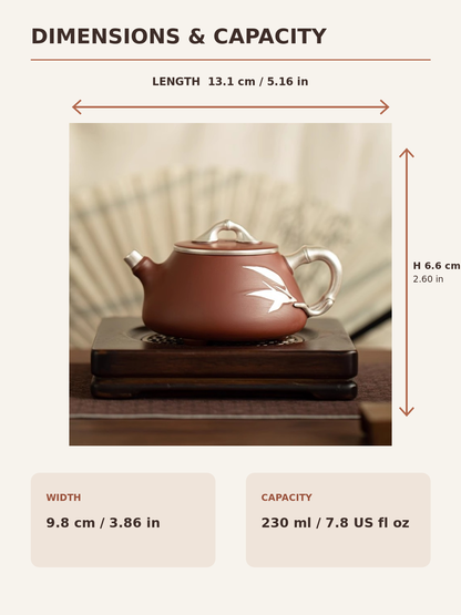 Yixing zisha teapot dimensions showing 13.1 cm length, 9.8 cm width, 6.6 cm height, and 230 ml capacity
