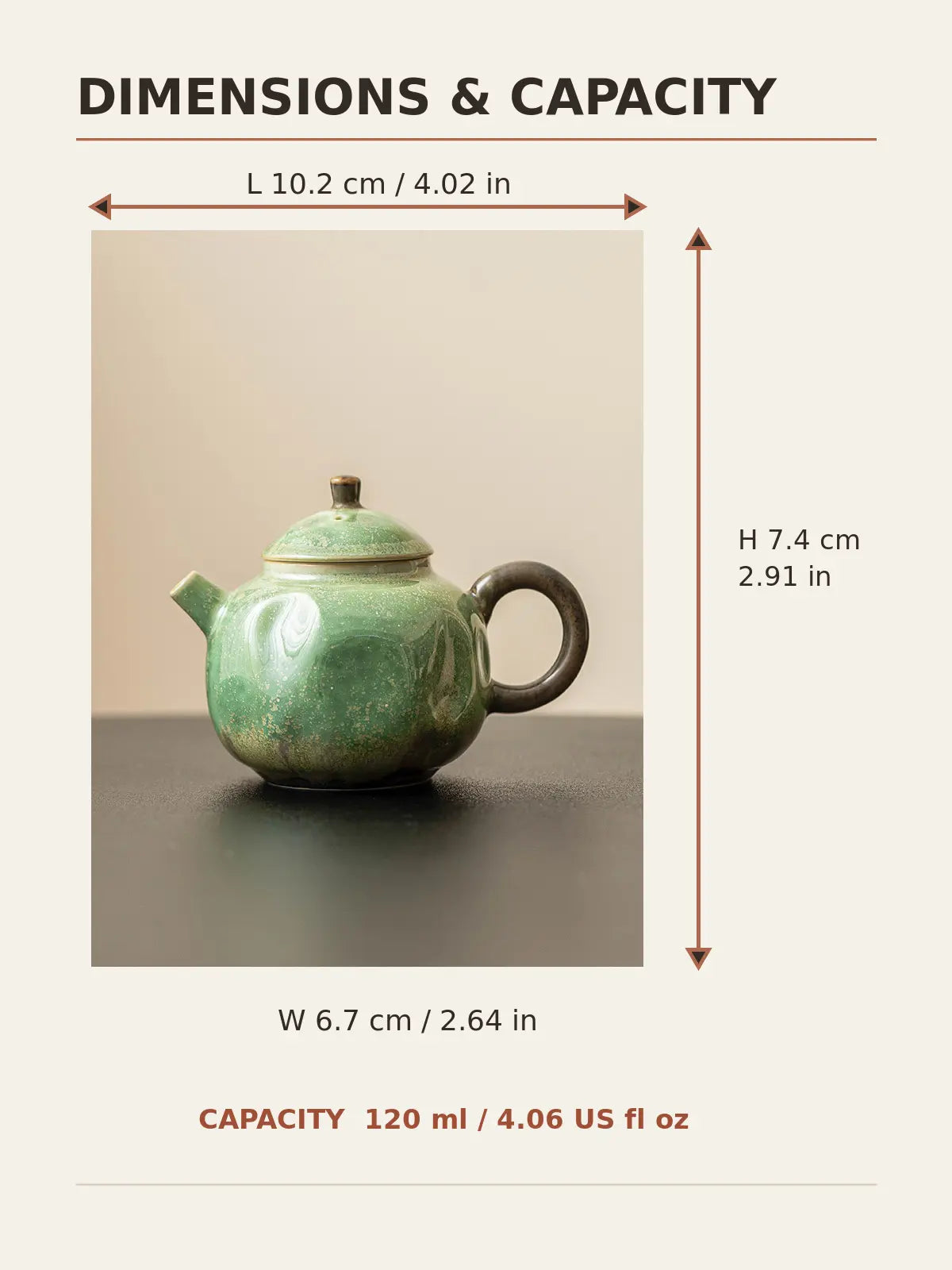 Dimensions and capacity diagram for the green reactive-glaze ceramic teapot
