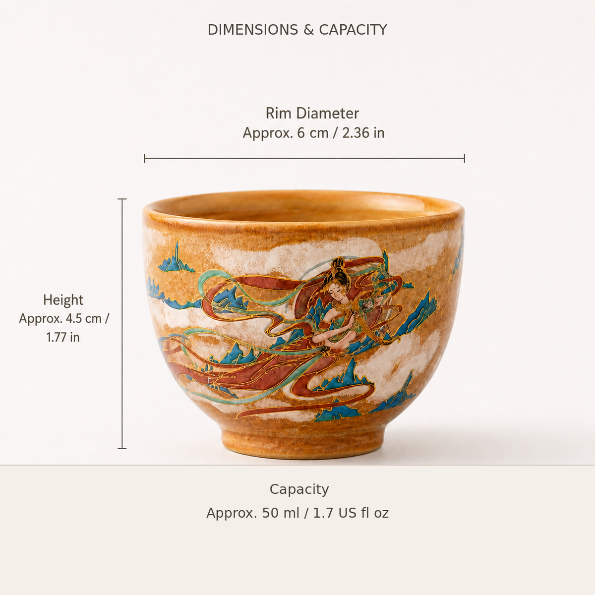 Dimensions and 50 ml capacity of the Dunhuang-inspired ceramic tea cup