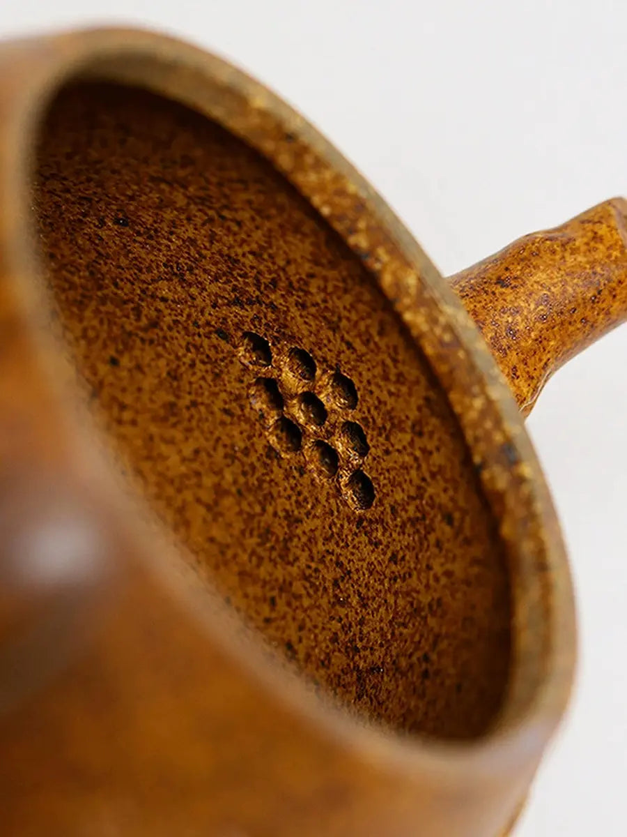 Close-up of the nine-hole filter inside the Shi Piao zisha teapot