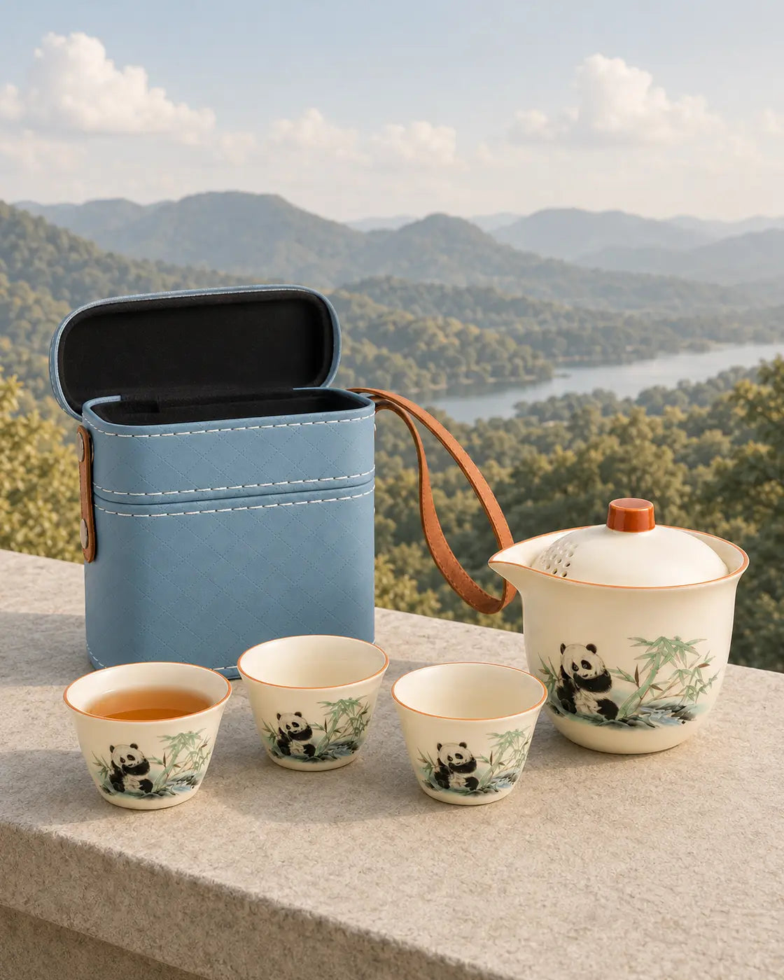 Panda ceramic travel tea set in an outdoor tea setting with its square carrying case