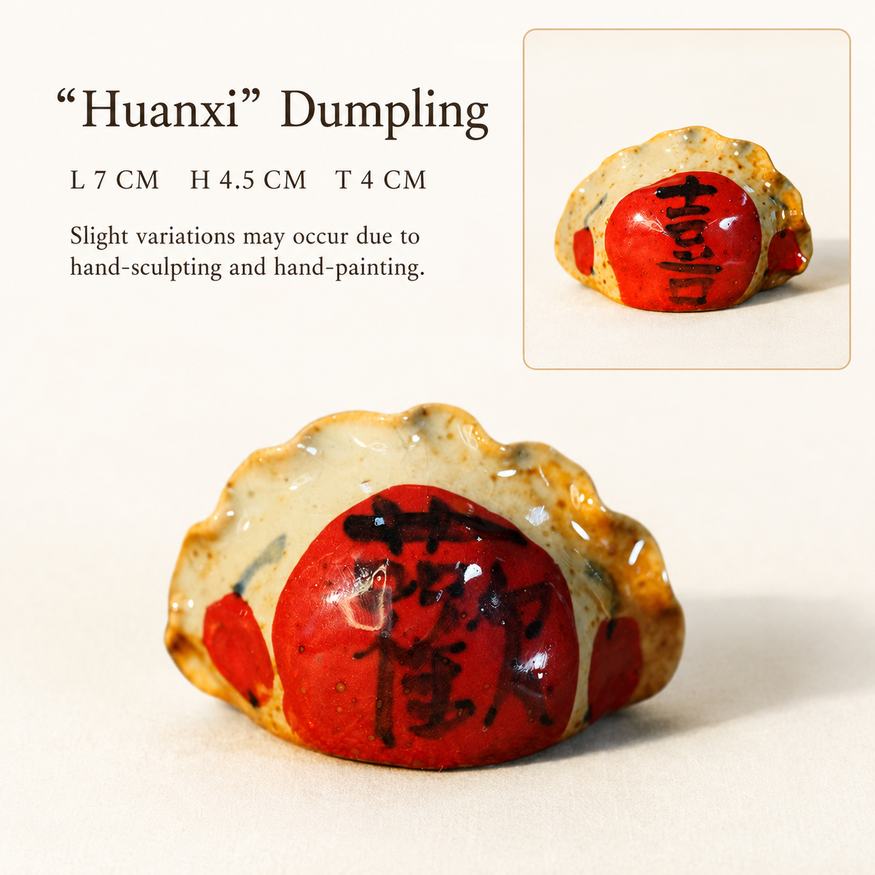 Hand-Pinched Dumpling Figurine – Jingdezhen Ceramic with Auspicious Chinese Calligraphy